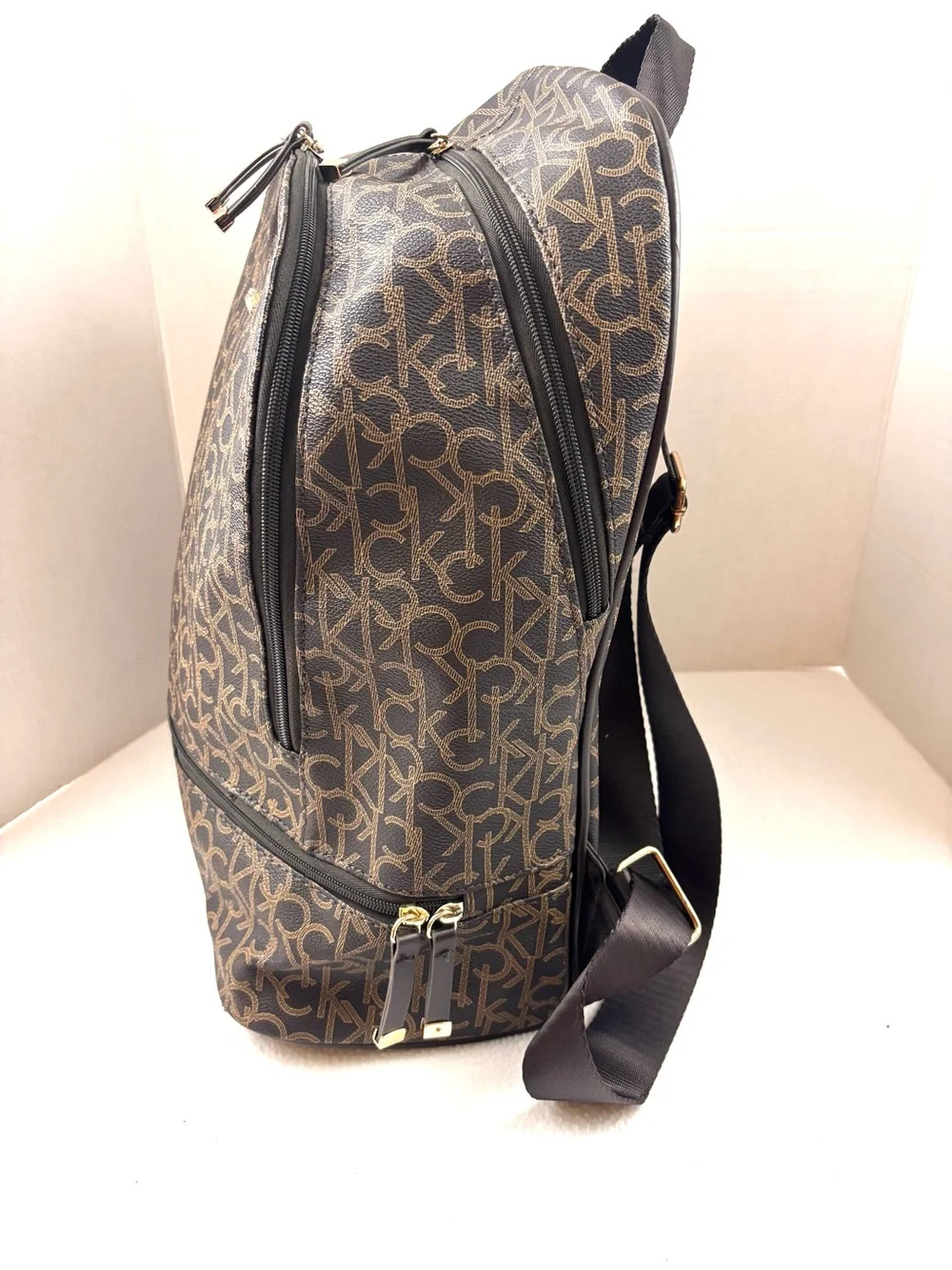 Calvin Klein Elaine Signature Brown Monogram Key Item Flap Large Backpack